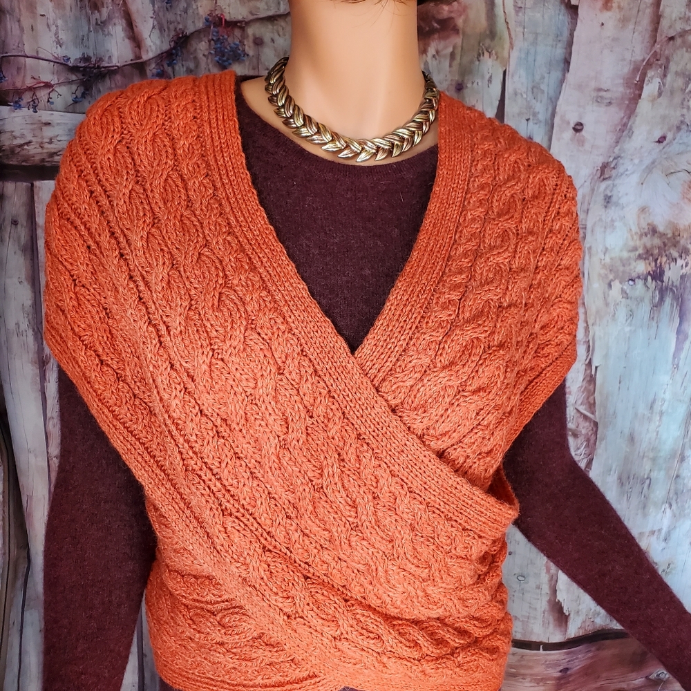 Aran Sweater Market Merino Wool Cable Knit Crossover Wrap Buttons Orange Medium